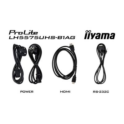 Drei Kabel abgebildet: links Stromkabel, Mitte HDMI-Kabel, rechts RS-232C-Kabel. Oben Monitor-Modellnummer und Marke 'iiyama'.