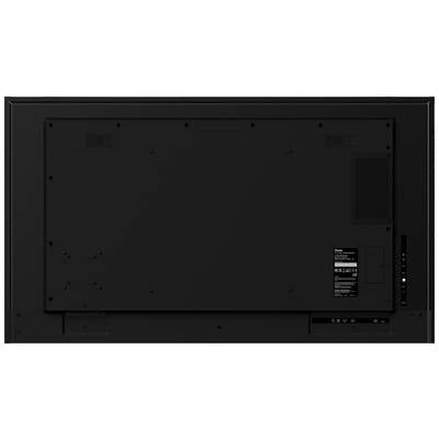 Ein schwarzer Flachbildfernseher von hinten gezeigt, ohne sichtbaren Bildschirm oder Marke, mit Anschlussanschlüssen auf der rechten Seite.