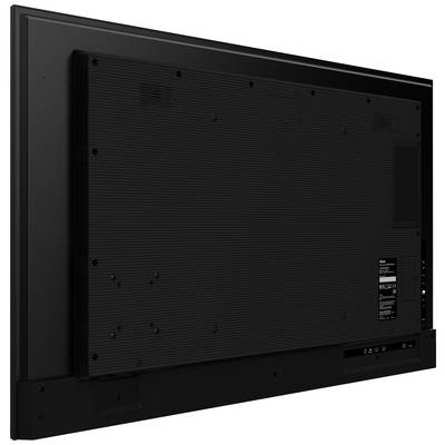 Rückseite eines großen Flachbildfernsehers in schwarz, mit verschiedenen Anschlüssen und einer Informationstafel auf der rechten Seite.