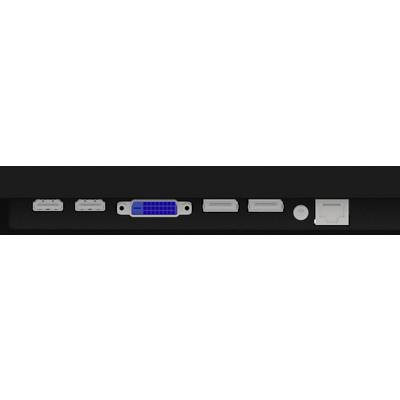 Eine Auswahl von Videoanschlüssen auf einem Gerät. Von links nach rechts: zwei HDMI-Anschlüsse, ein DVI-Anschluss, zwei DisplayPorts, ein runder Audioanschluss und ein VGA-Anschluss.
