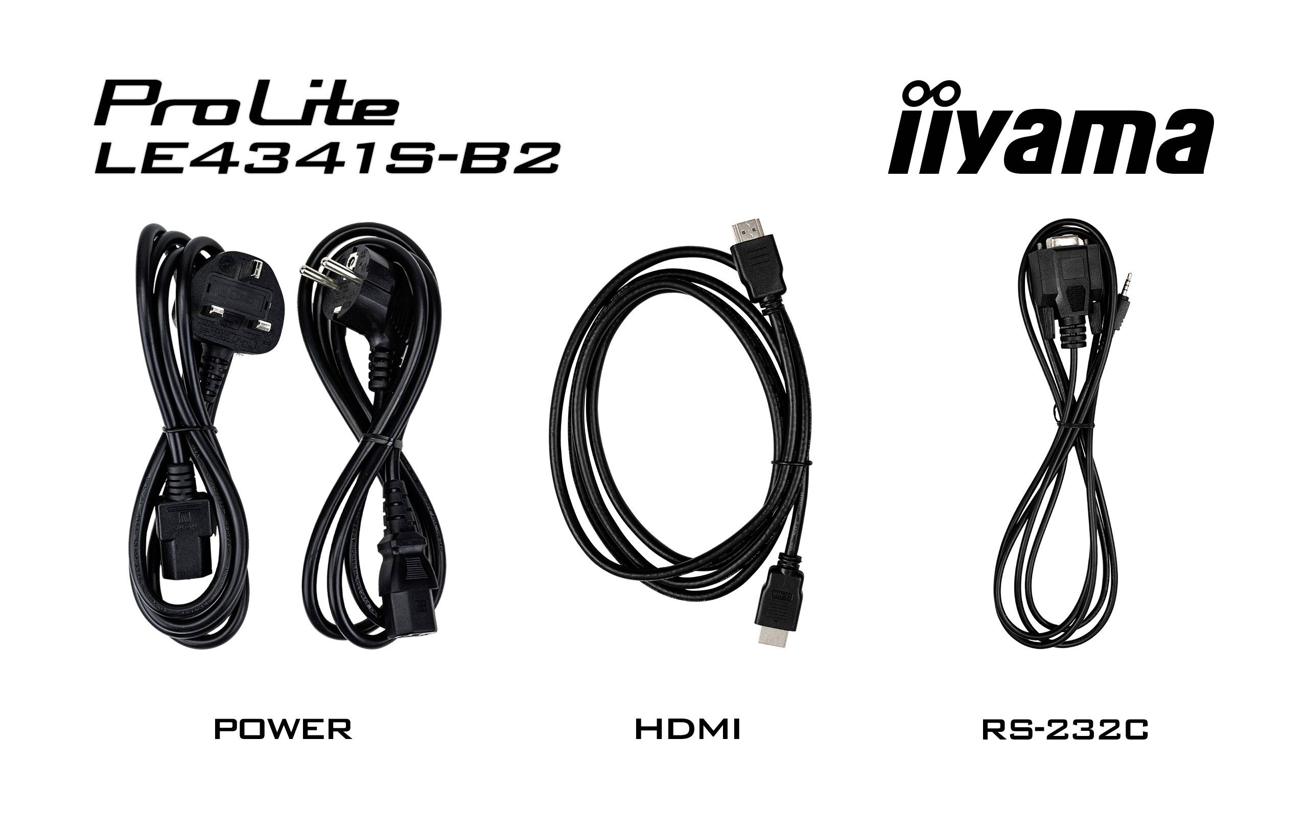 'Drei Kabel für iiyama ProLite LE4341S-B2: Stromkabel, HDMI-Kabel und RS-232C-Kabel.'