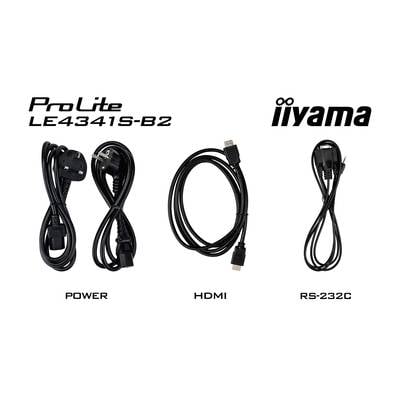 'Drei Kabel für iiyama ProLite LE4341S-B2: Stromkabel, HDMI-Kabel und RS-232C-Kabel.'