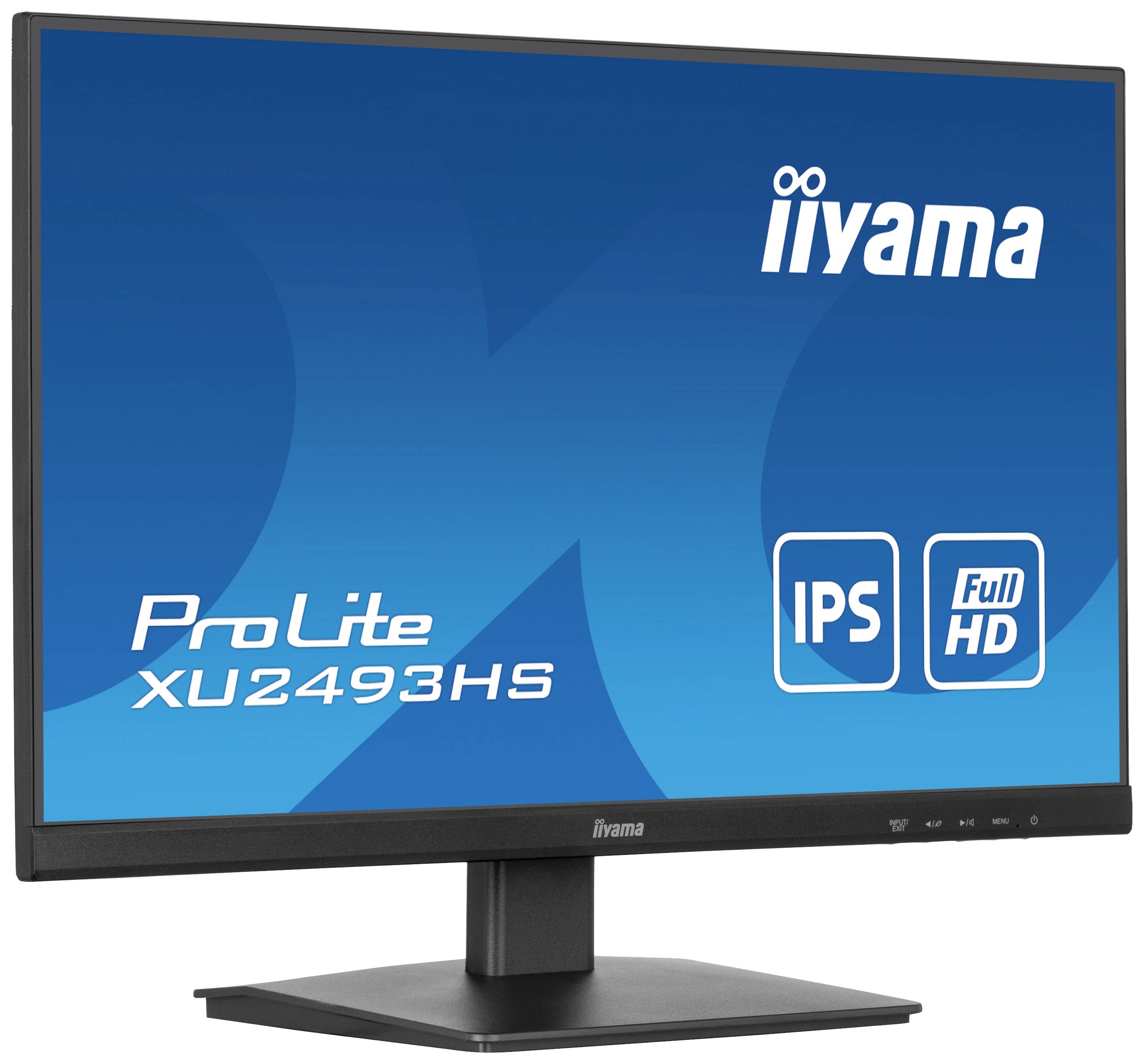 Ein schwarzer Computerbildschirm der Marke iiyama, Modell ProLite XU2493HS, mit Full HD und IPS-Technologie, auf einem Ständer.