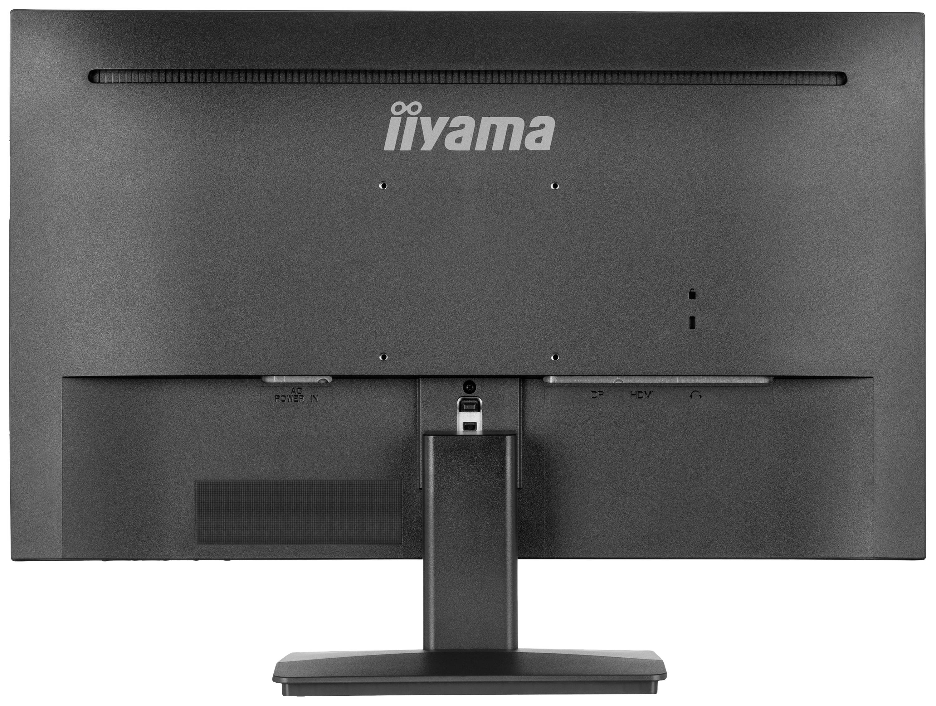 Ein schwarzer Computermonitor von hinten gezeigt, Marke 'iiyama', mit einem stabilen Standfuß.