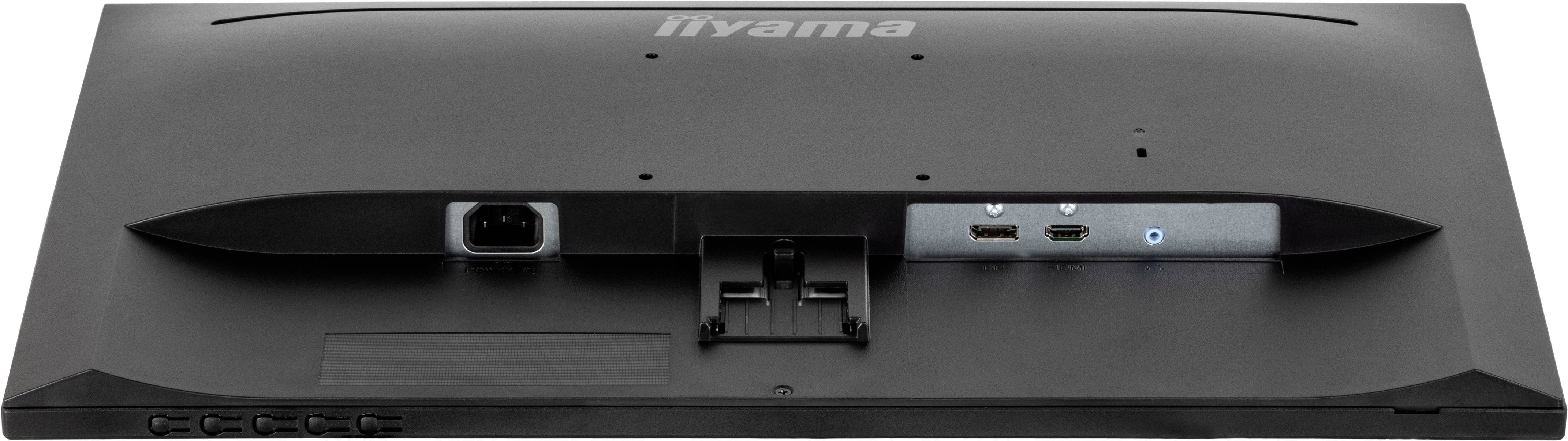 'Rückseite eines schwarzen Computermonitors mit Anschlüssen und Kabelanschlüssen.'