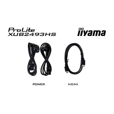 'ProLite XUB2493HS' Monitorzubehör: Zwei Kabel links beschriftet 'POWER' und ein Kabel rechts beschriftet 'HDMI'. Oben Logo 'iiyama'.