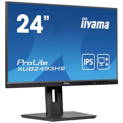 Ein 24-Zoll-Monitor von iiyama, Modell ProLite XUB2493HS, mit IPS-Technologie, zeigt Symbole für Bildschirm- und Blickwinkelunterstützung.