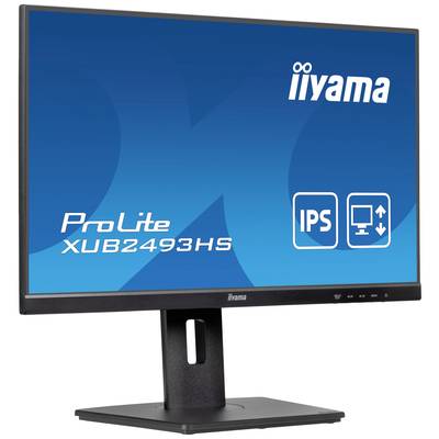 Computermonitor von iiyama, Modell ProLite XUB2493HS, mit blauem Bildschirm. Hauptmerkmale: IPS-Technologie und Höhenverstellbarkeit.