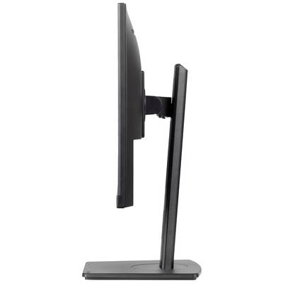 Ein schwarzer Computerbildschirm von der Seite mit schlankem Design, befestigt an einem stabilen Standfuß.
