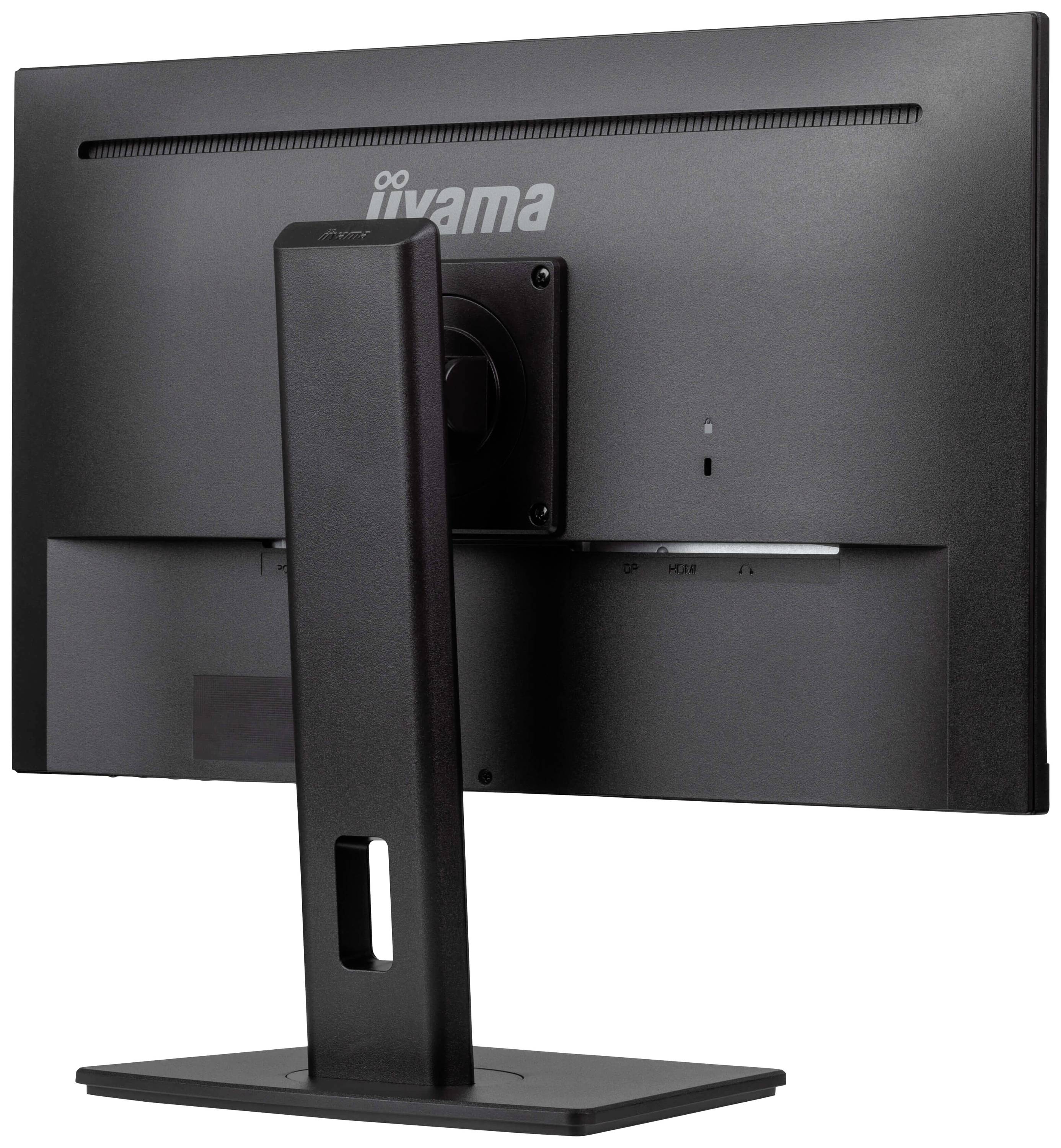 Rückansicht eines schwarzen Computermonitors auf einem Ständer, Markenname oben sichtbar.