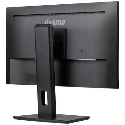 Rückansicht eines schwarzen Computermonitors auf einem Ständer, Markenname oben sichtbar.