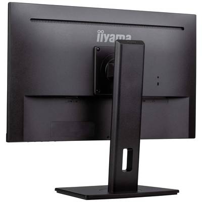 Ein schwarzer Computerbildschirm von hinten, montiert auf einem rechteckigen Standfuß, zeigt kein Bild oder sichtbare Kabel.