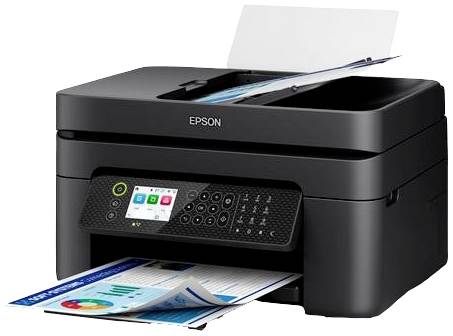 Schwarzer Multifunktionsdrucker mit Papiervorrat oben, bedruckte Seite vorne. Display und Tastenfeld zur Bedienung sichtbar.