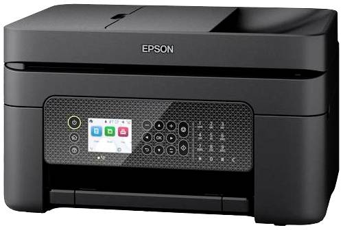 Ein schwarzer EPSON-Multifunktionsdrucker mit Bedienfeld und Display. Geeignet für Drucken, Scannen und Kopieren im Büro.