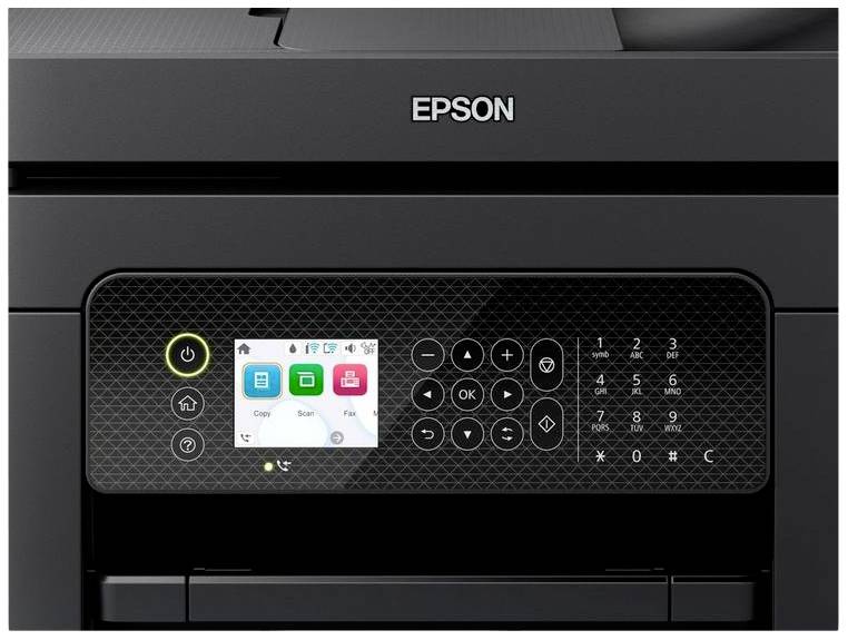 Multifunktionsdrucker mit Bedienfeld, das Tasten für 'Kopieren', 'Scannen' und 'Fax' sowie ein kleines Display mit Symbolen zeigt.