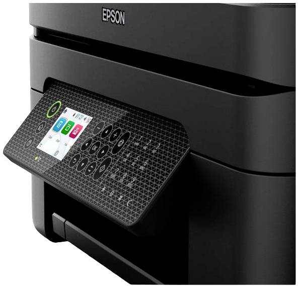 Ein schwarzer Multifunktionsdrucker mit einem digitalen Display und Tastenfeld ist zur Bedienung geneigt positioniert.