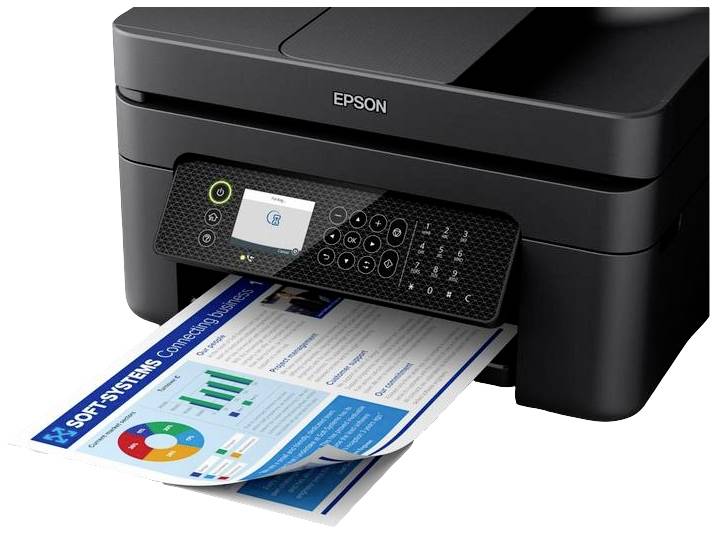 Ein schwarzer Drucker druckt ein farbiges Dokument mit Diagrammen und Text. Das Display zeigt einen Status an.