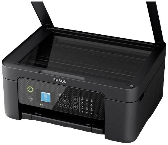 Ein schwarzer Epson-Drucker mit offenem Scannerdeckel. Das Bedienfeld zeigt ein kleines Display und Tasten auf der Vorderseite.