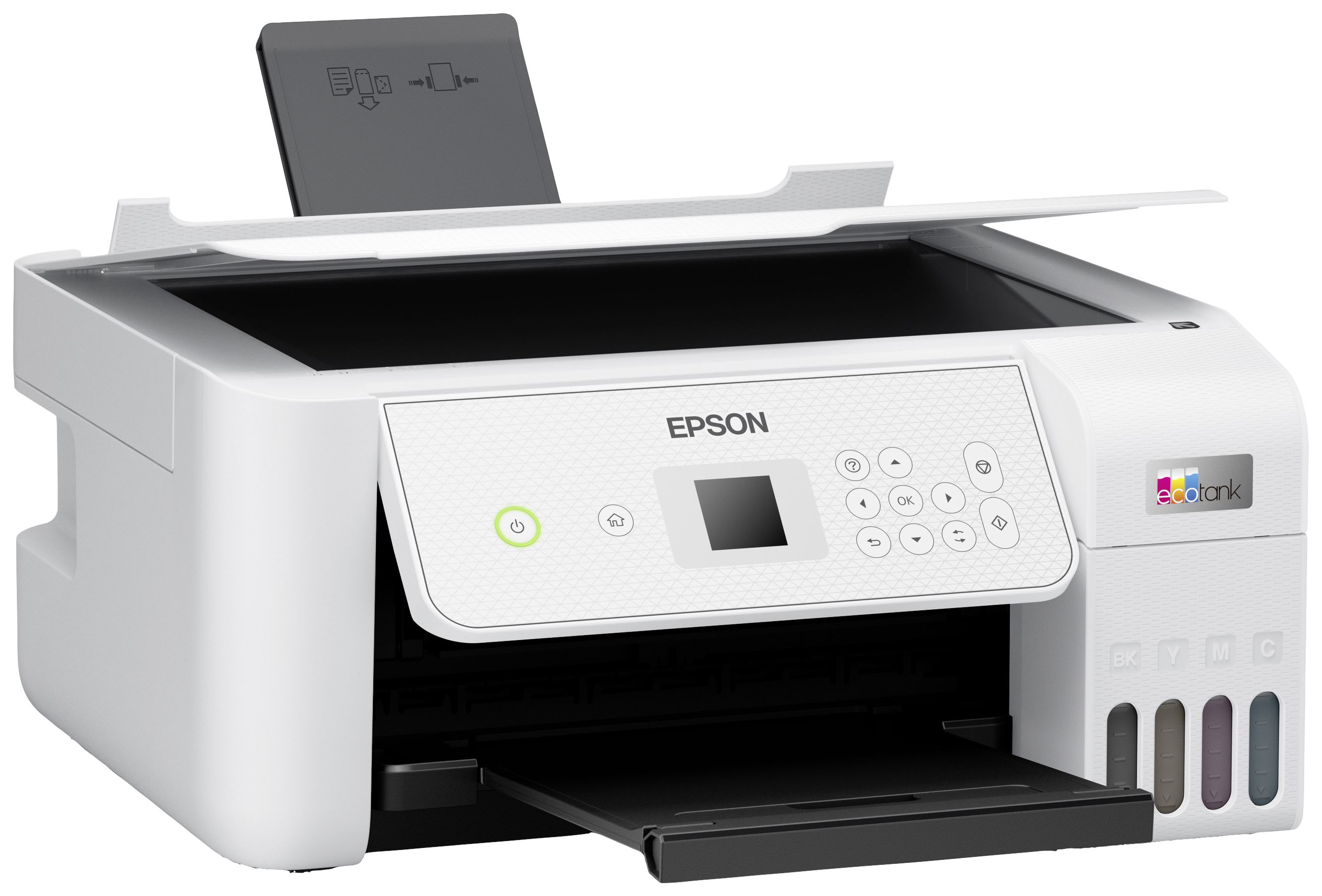 Weiße Epson-Drucker, Vorderansicht; zeigt Tastenfeld, LCD-Display und Tintenbehälter auf der rechten Seite.