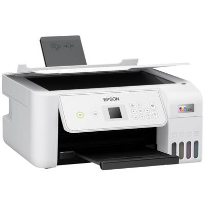 Weiße Epson-Drucker, Vorderansicht; zeigt Tastenfeld, LCD-Display und Tintenbehälter auf der rechten Seite.