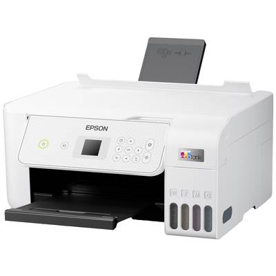 Ein weißer Drucker von Epson mit offenem Papierfach und sichtbaren Tintentanks an der Seite, geeignet für Farbdrucke.