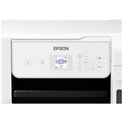 Ein Drucker der Marke Epson mit Bedienelementen und Display in der Mitte. Das Display zeigt die Optionen 'Copy' und 'Start Mode' an.