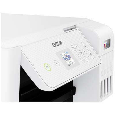 Drucker in Weiß mit Bedienfeld und Display oben. Markenname 'Epson' sichtbar. Tasten und Symbol für WLAN verbunden.