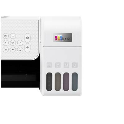 Ein Drucker mit sichtbaren Tintentanks. Vier farbige Tankanzeigen sind zu sehen: Schwarz, Gelb, Magenta und Cyan.