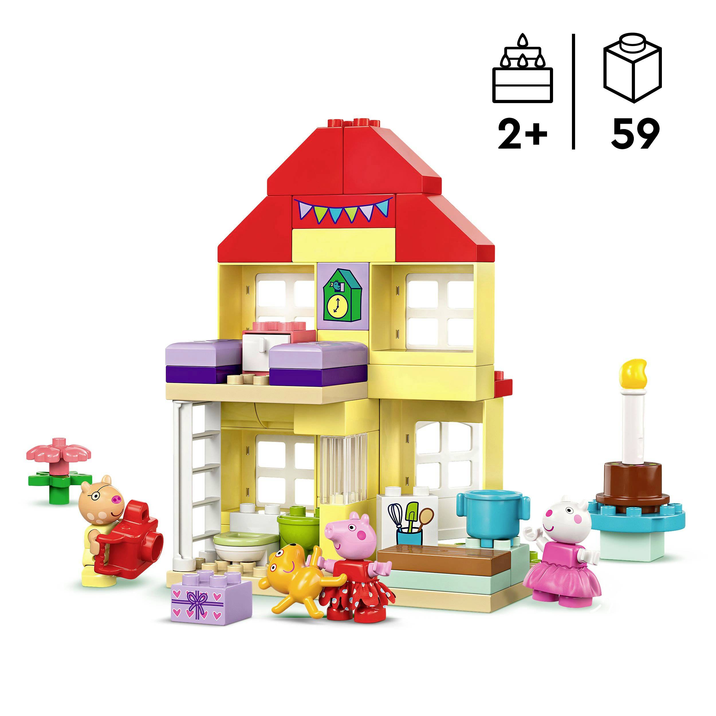 Ein buntes Lego-Duplo-Set für Kinder ab 2 Jahren mit 59 Teilen. Es zeigt ein gemütliches Haus, Figuren und Dekorationen für fantasievolles Spielen.