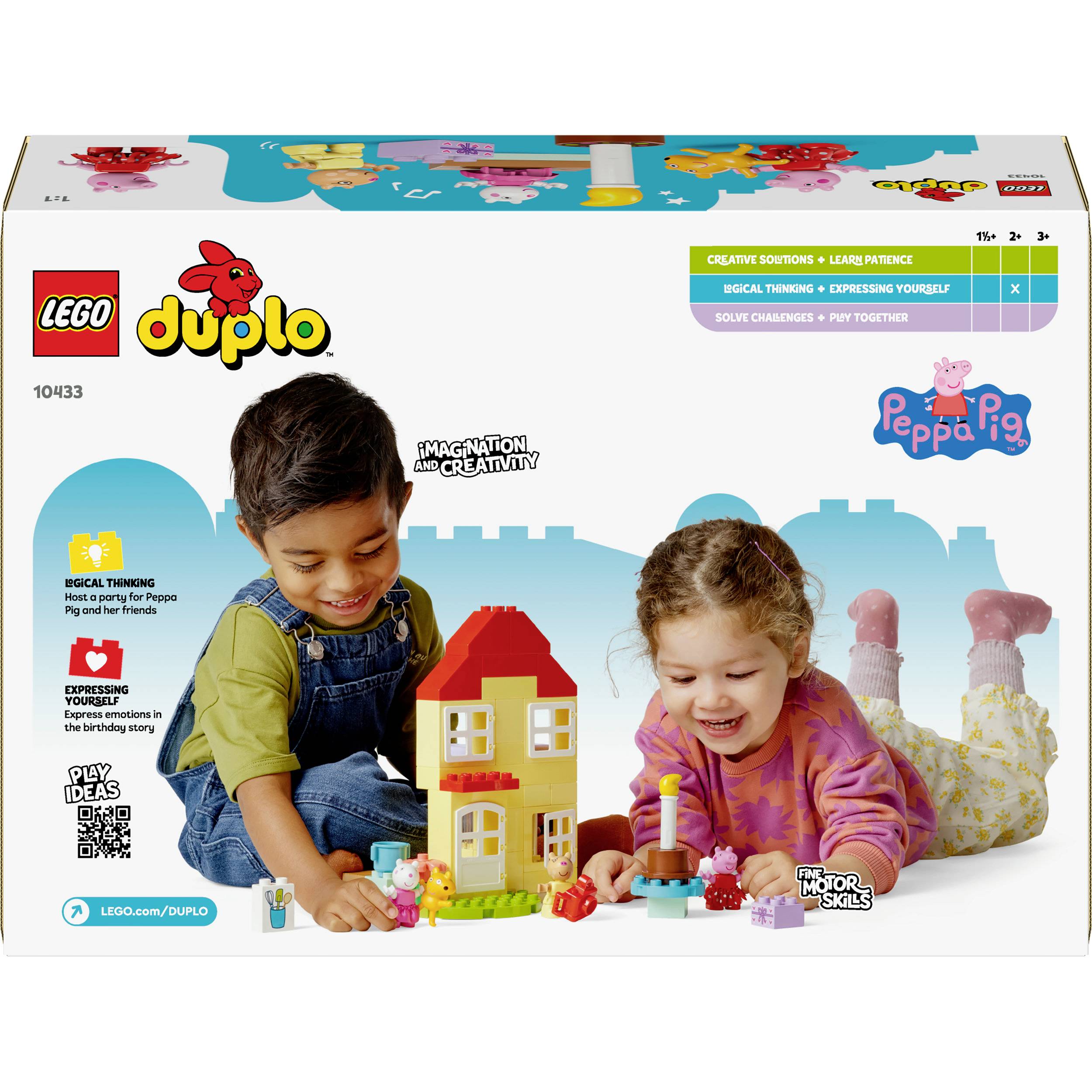 Ein Junge und ein Mädchen spielen mit bunten Bauklötzen. Auf der Box sind 'LEGO Duplo' und 'Peppa Pig' abgebildet.