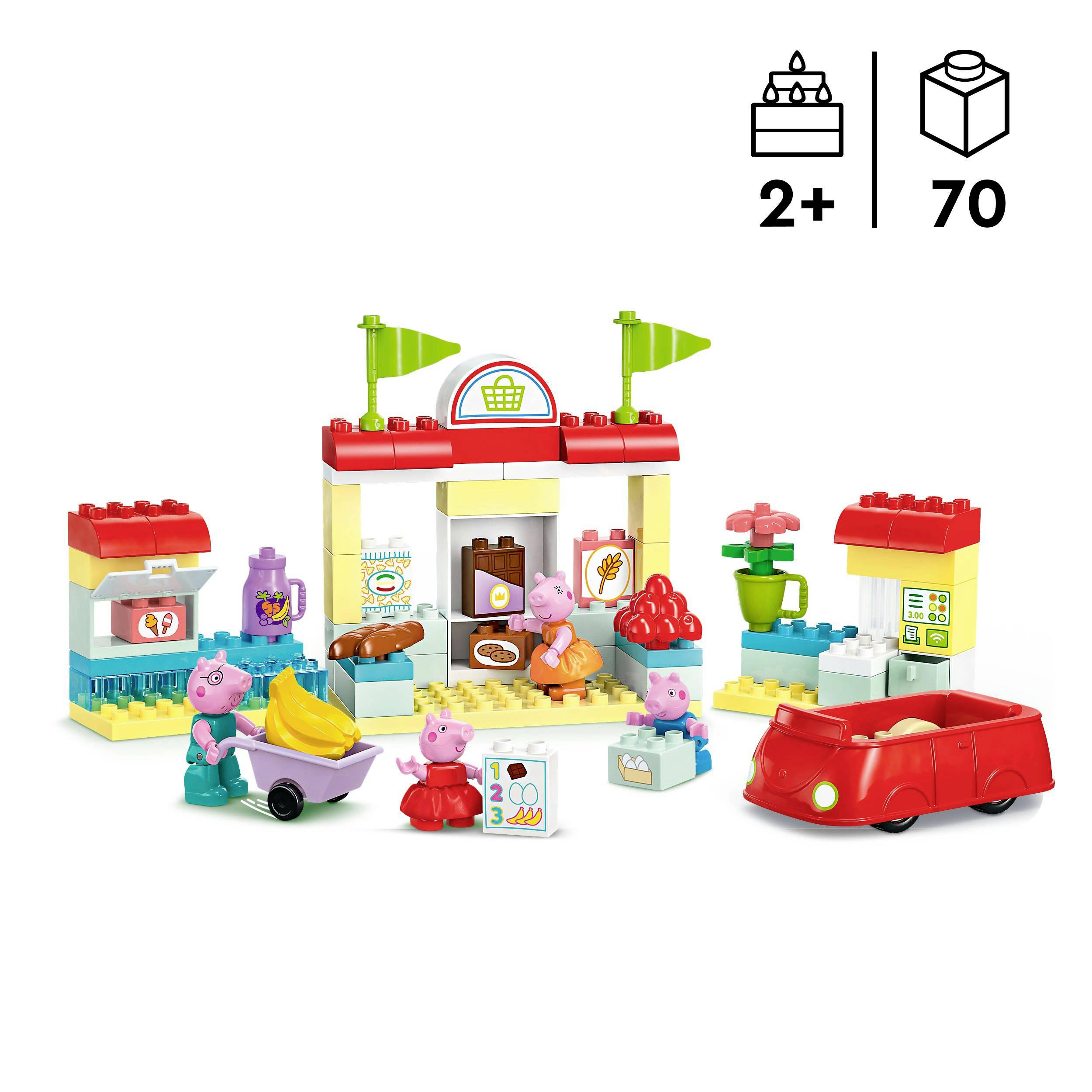 LEGO-Set mit einem Marktstand, Figuren, einem Auto und Bausteinen. Für Kinder ab 2 Jahren, insgesamt 70 Teile.