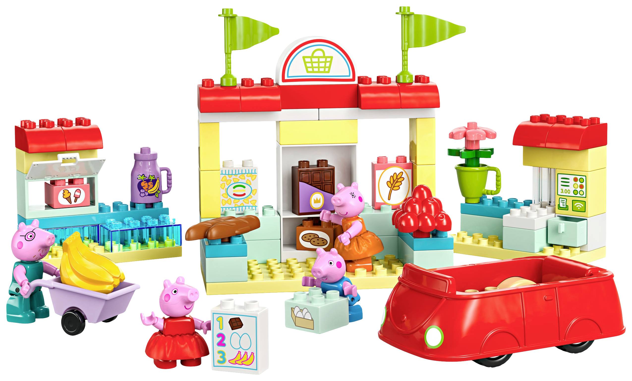 Lego-Set mit Peppa Pig-Thema: Peppa und Familie im Supermarkt mit Auto, Einkaufskorb, Kasse und verschiedenen Lebensmitteln.
