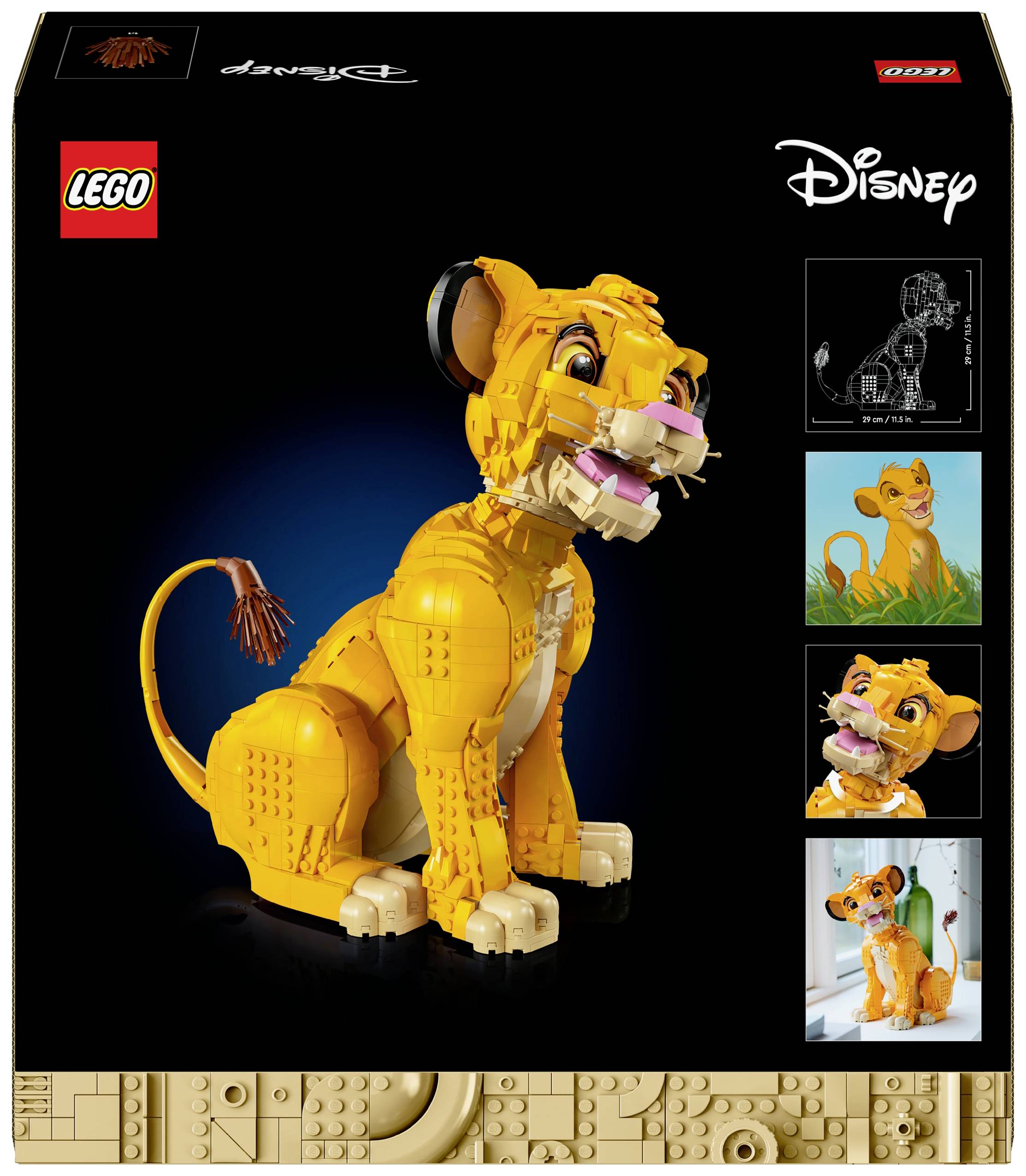 LEGO-Set eines Löwenjungen, inspiriert von Disney's 'Der König der Löwen'. Paket zeigt Figur und mehrere Bauoptionen.