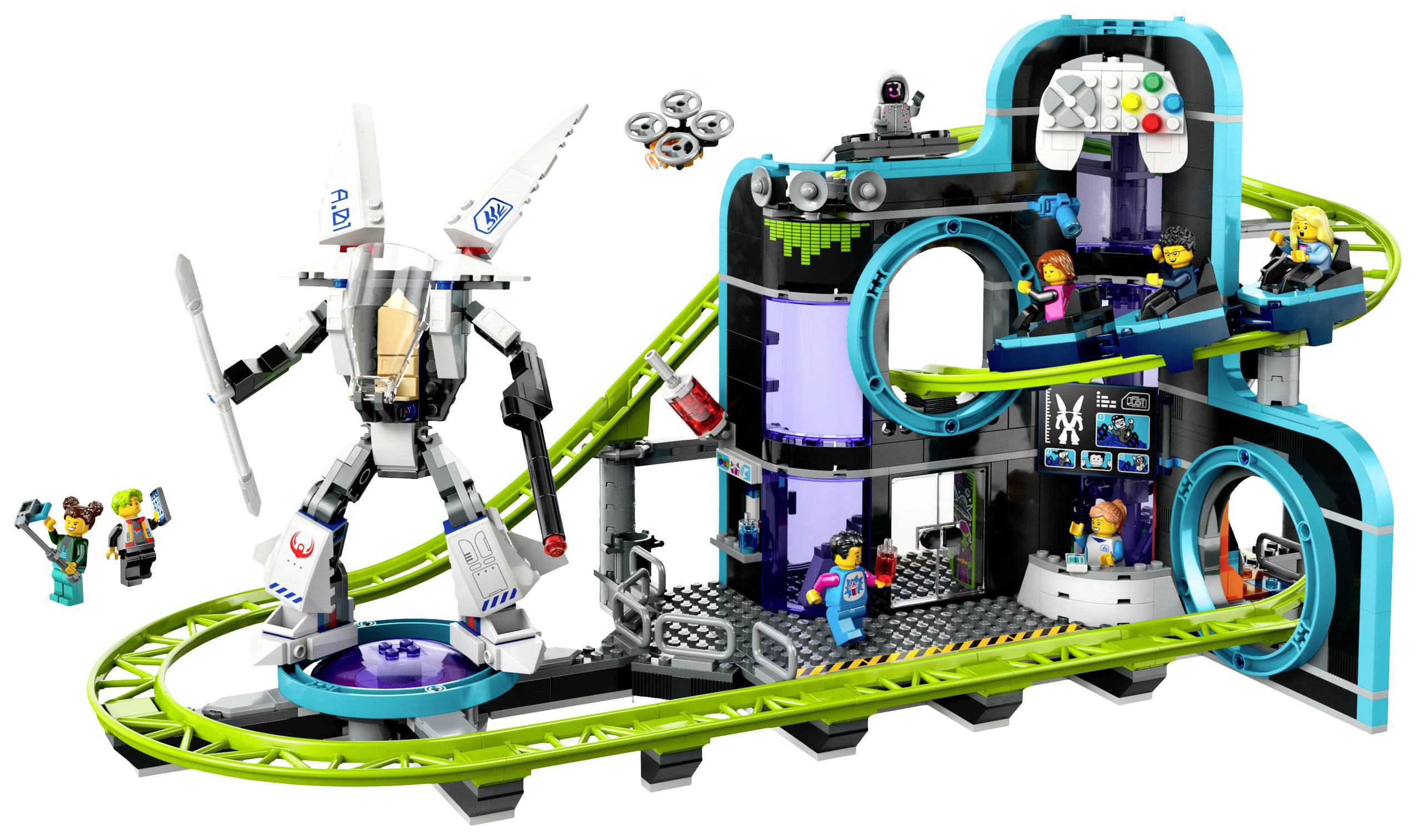 Lego-Set mit futuristischem Labor, großer Roboterfigur, grüner Schiene, Drohne und mehreren Minifiguren in verschiedenen Aktionen.