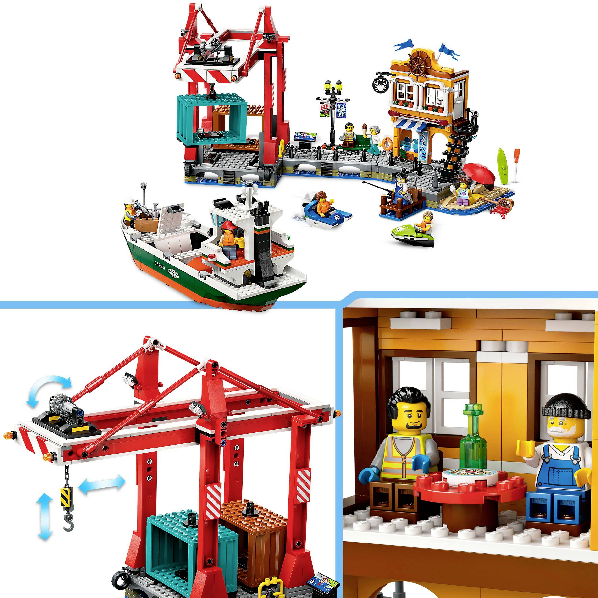 LEGO-Set mit Hafenkran, Schiff und Kontrollraum. Figuren beladen Container und sitzen im Bürozimmer. Enthält Minifiguren und Zubehör.