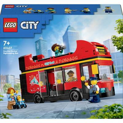 Eine LEGO-Stadt-Szene mit einem roten Doppeldecker-Bus und Minifiguren. Der Bus ist Teil des LEGO City Sets 'Doppeldecker-Besichtigungsbus'.