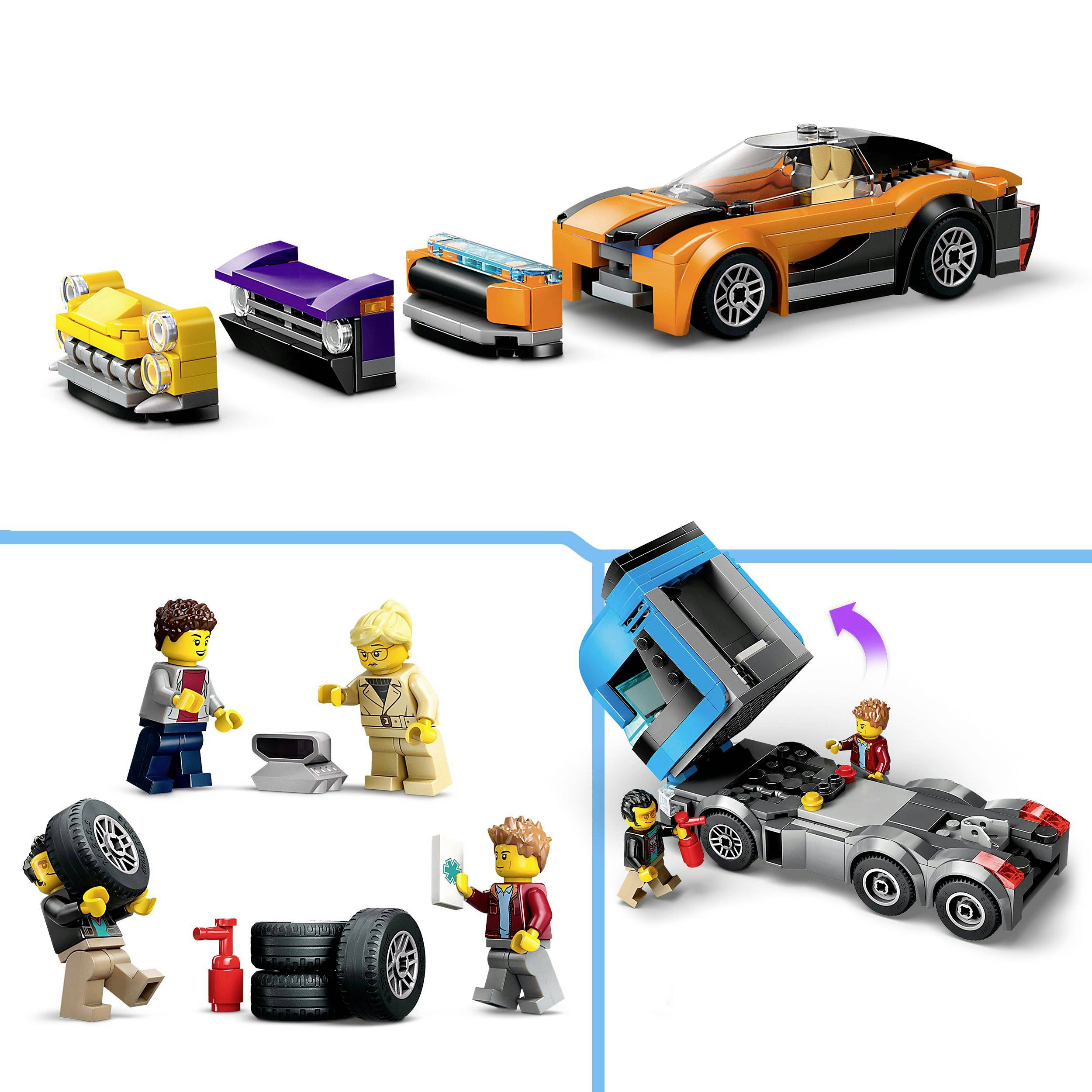 Lego-Spielset mit Autoteilen und Figuren: Ein Sportwagen, ein gelber und ein violetter Stoßfänger. Zwei Figuren wechseln ein Autoteil.