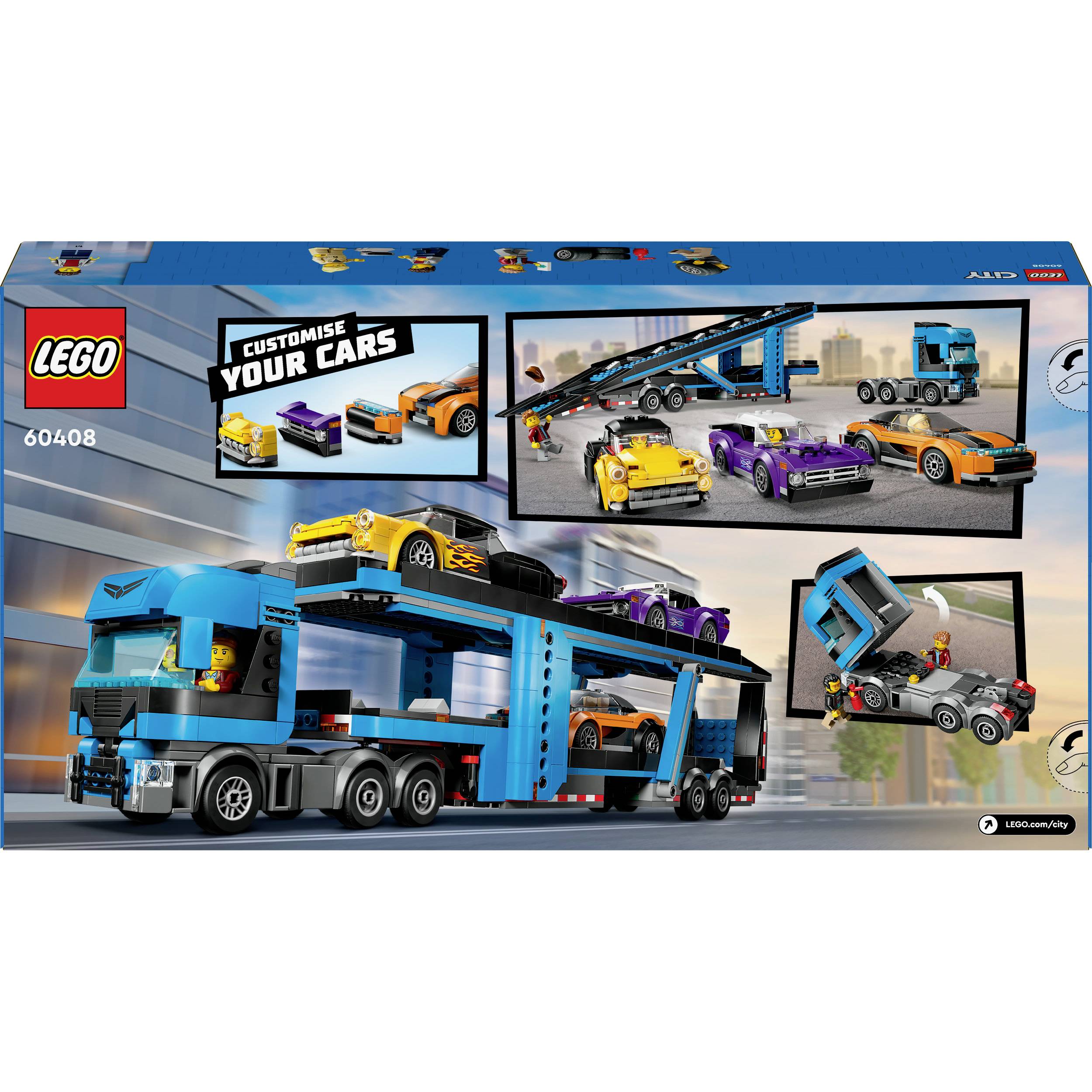 LEGO-Autotransporter-Set: Enthält blauen LKW mit zweistöckigem Anhänger, vier Autos und Aufkleber zum Individualisieren der Fahrzeuge.