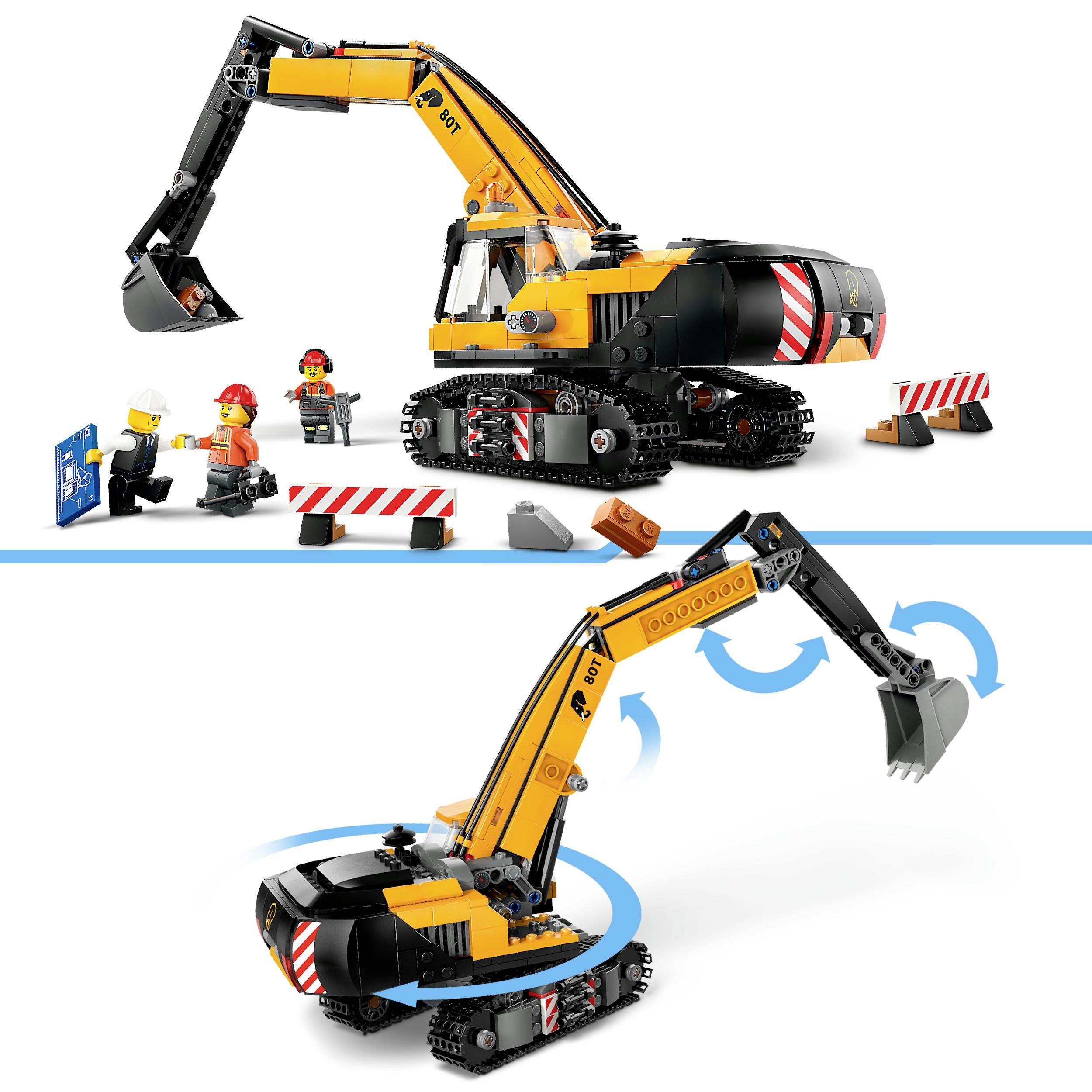 Ein LEGO-Baustellenset mit einem Bagger, zwei Bauarbeiterfiguren, einem Bauzaun und Bauplänen. Bagger zeigt Dreh- und Hebefunktion.