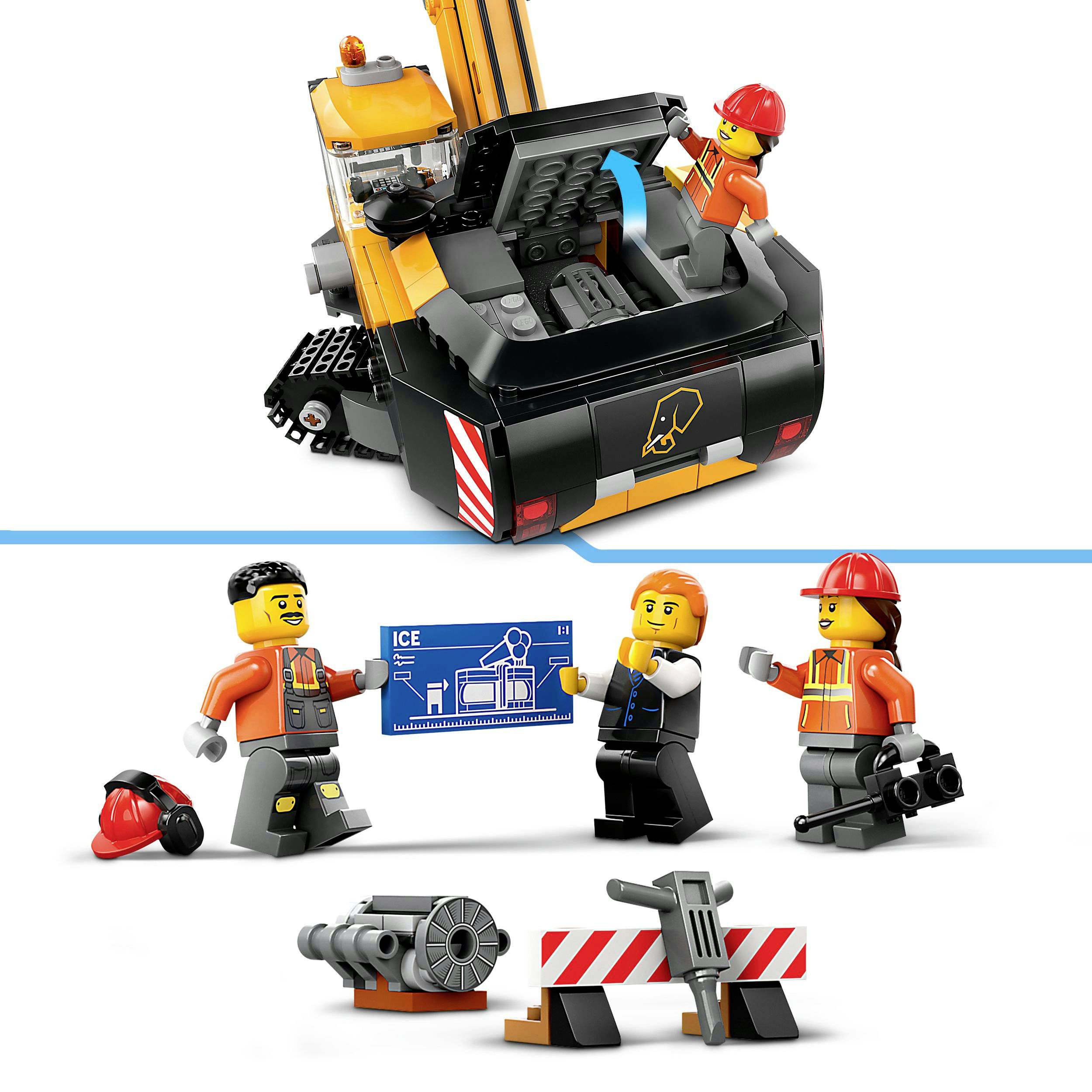 'Mehrere Bauarbeiterfiguren mit Bauplan, Ausrüstung und Abgrenzungsschild. Hauptfigur trägt Bauhelm und hält den Plan.'