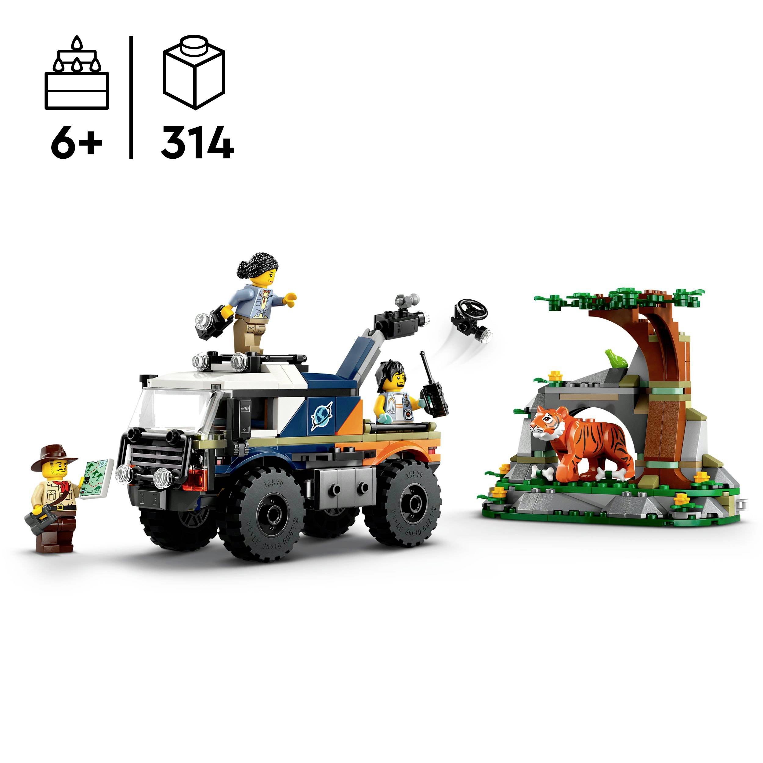 'LEGO-Set mit Dschungelabenteuer-Thema: Fahrzeug mit Figuren, Baumstruktur und Tiger. Empfohlen für Kinder ab 6 Jahren, 314 Teile.'