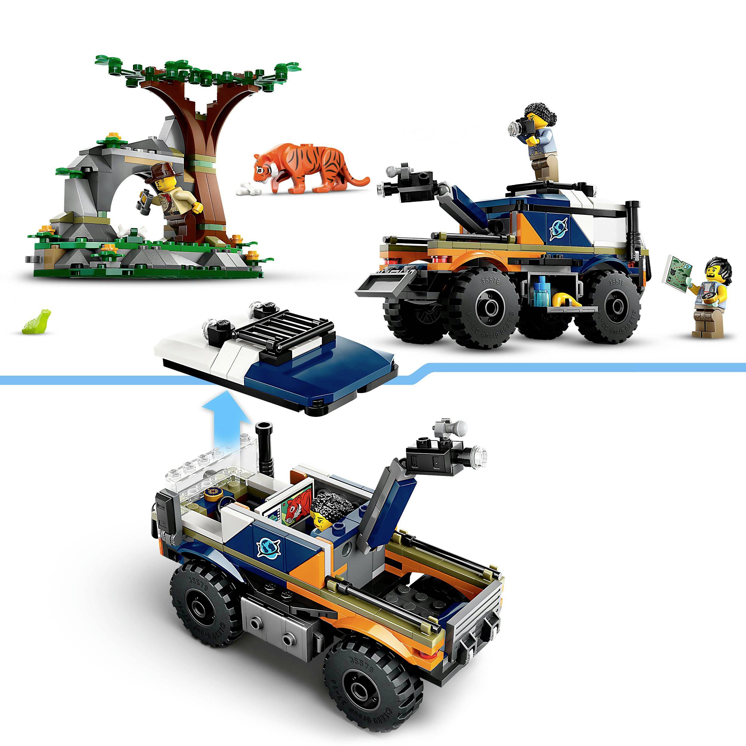 Lego-Spielset mit Geländewagen und Figuren. Ein Forscher beobachtet einen Tiger in einer Dschungelszene. Enthält Zubehör.
