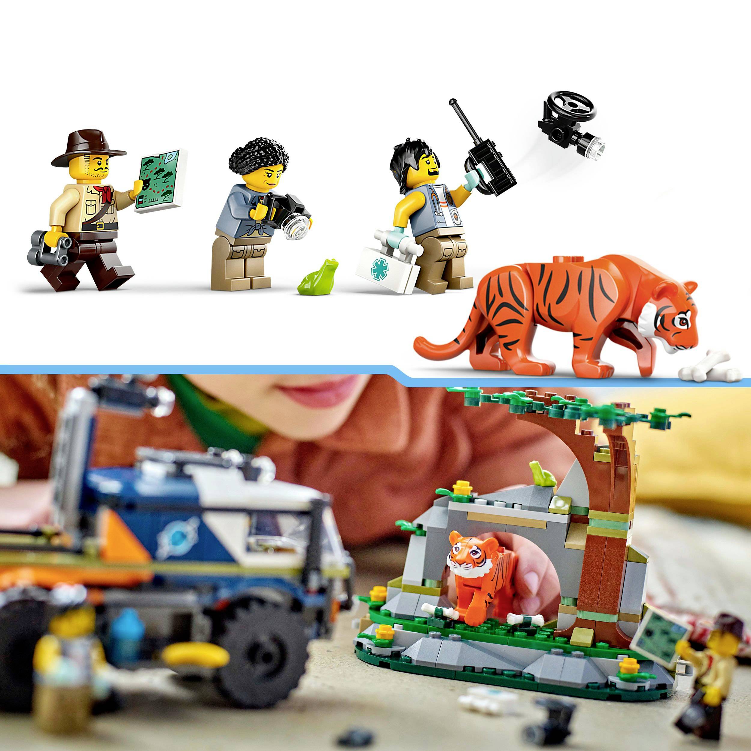 Oben: Vier Lego-Figuren mit Karte, Kamera und Drohne; ein Tiger. Unten: Kind spielt mit Lego-Safari-Set mit Auto und Baum.