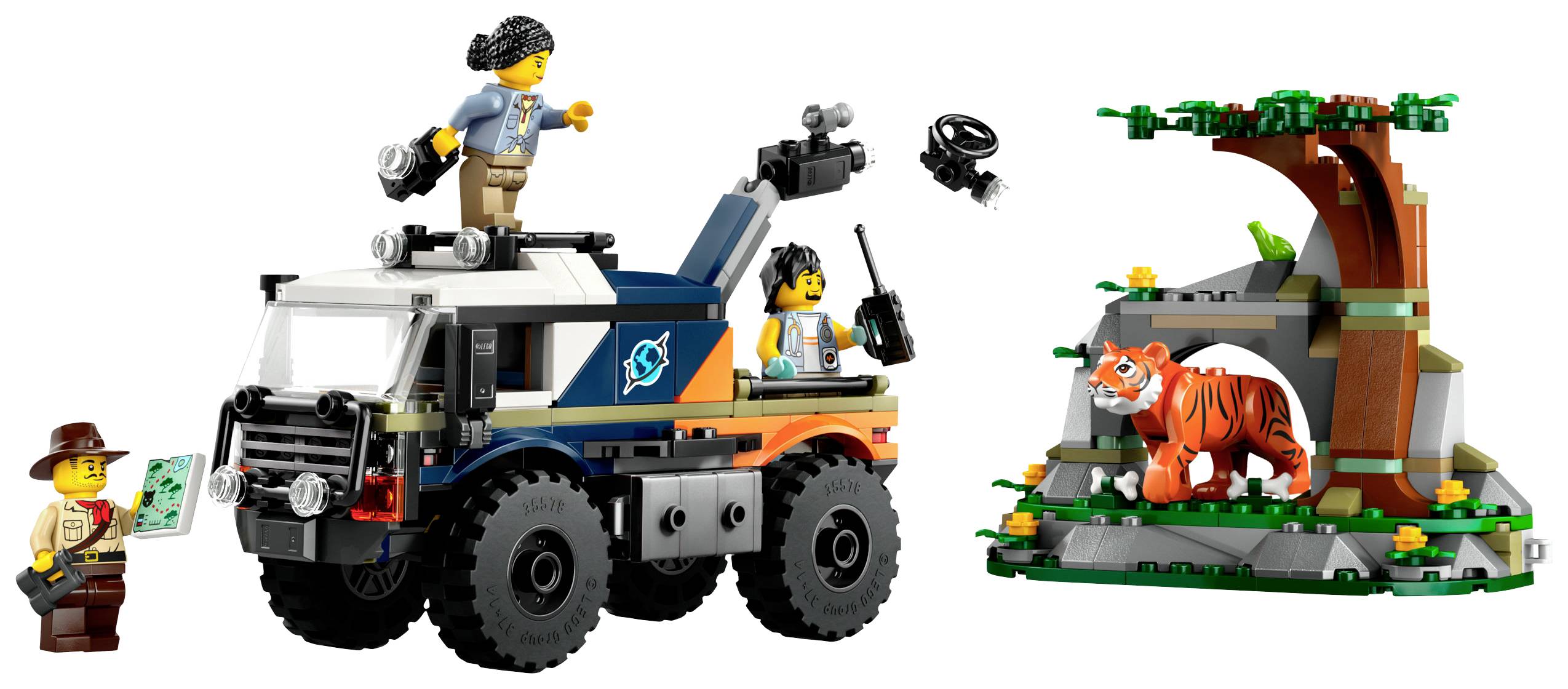 Lego-Spielzeugset zeigt ein Safari-Abenteuer mit einem Geländewagen, zwei Figuren, einer Kamera und einem Tiger unter einem Baum.
