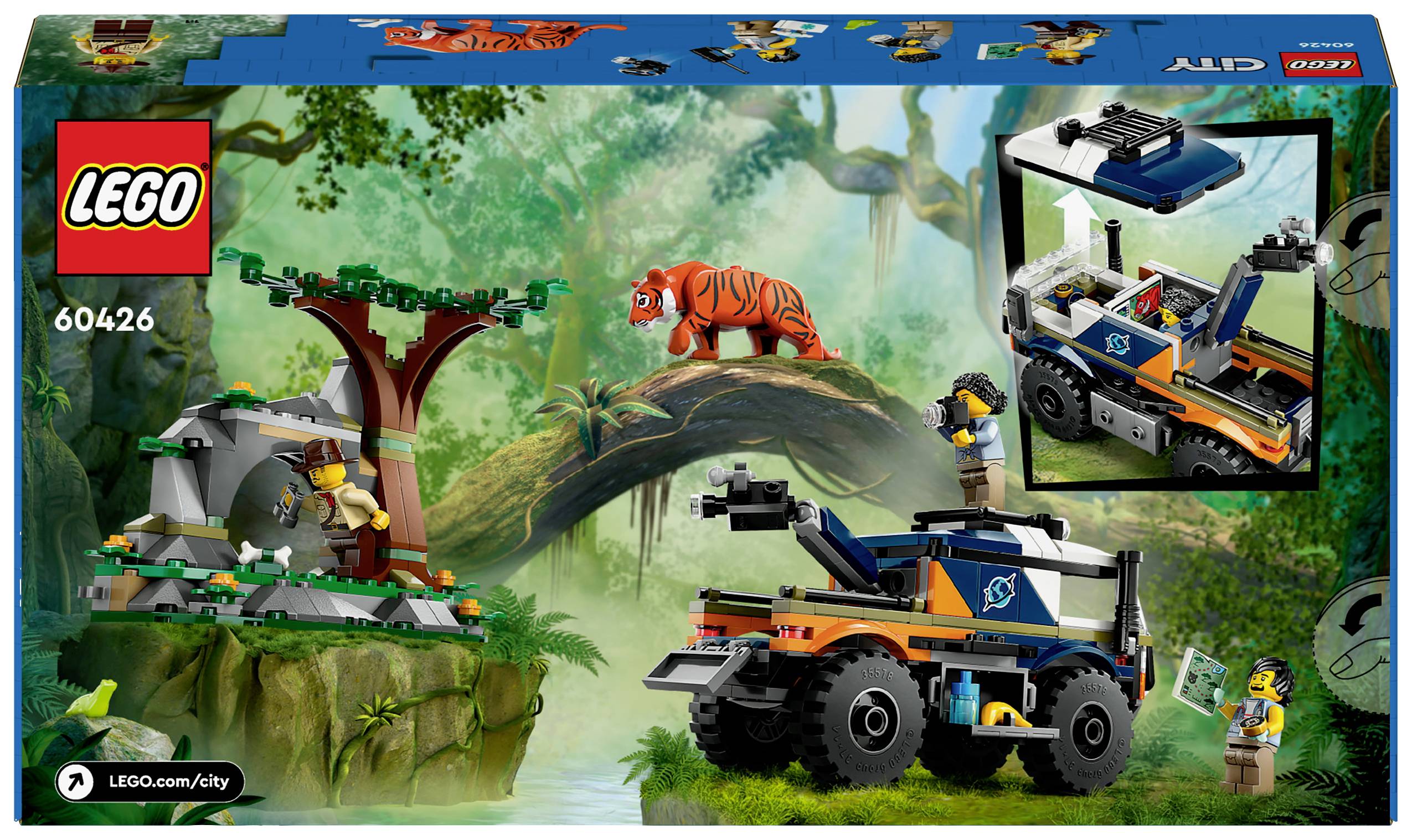 LEGO-Set 'Dschungel-Rettungsmission' mit Fahrzeug, Tiger, Affen und Forscher. Enthält Baum, Brücke und Werkzeuge für Abenteuer.