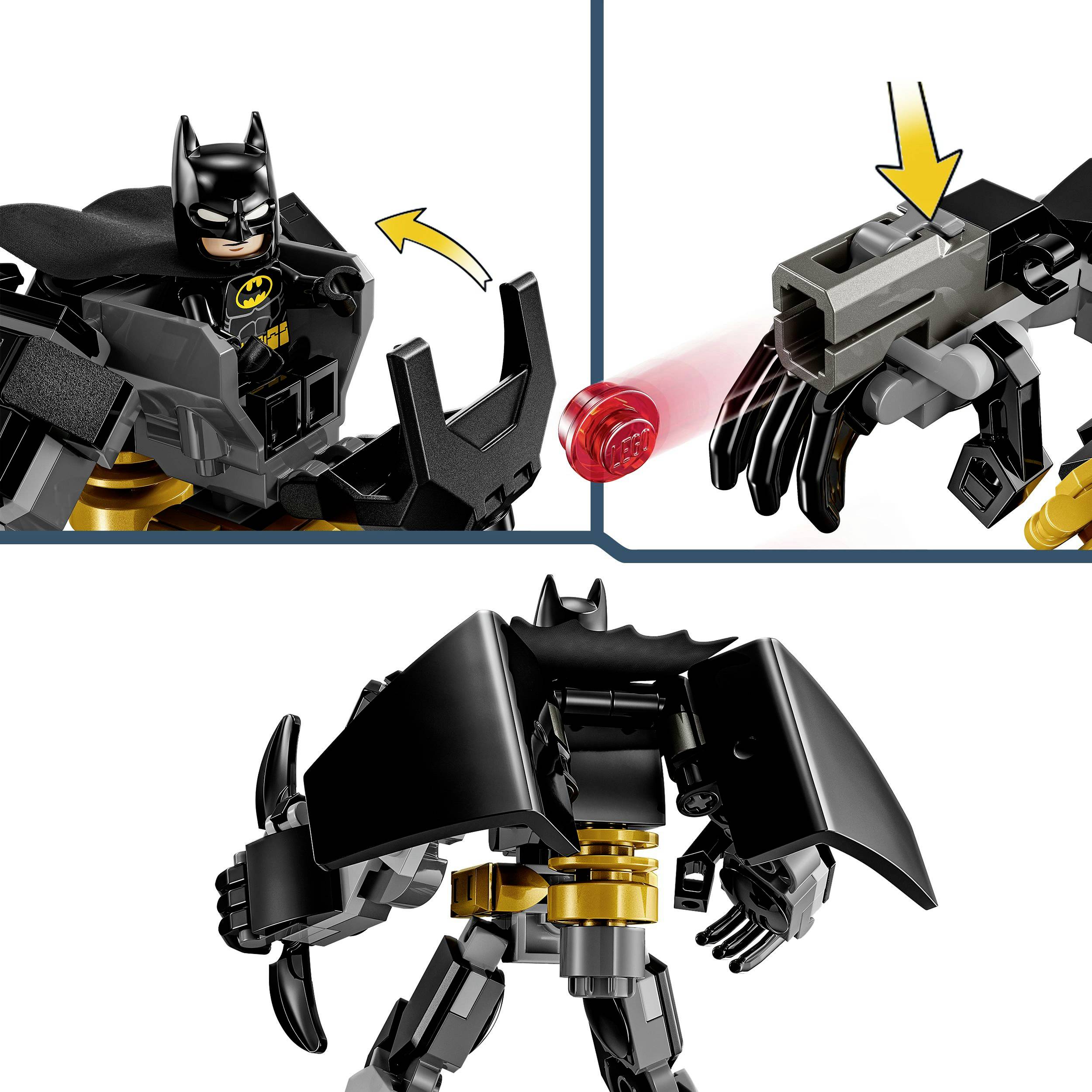 Lego Batman Figur mit Zubehör im Aufbauprozess. Details wie Hände und Werkzeuge werden hervorgehoben. Fokus auf Baustufen.