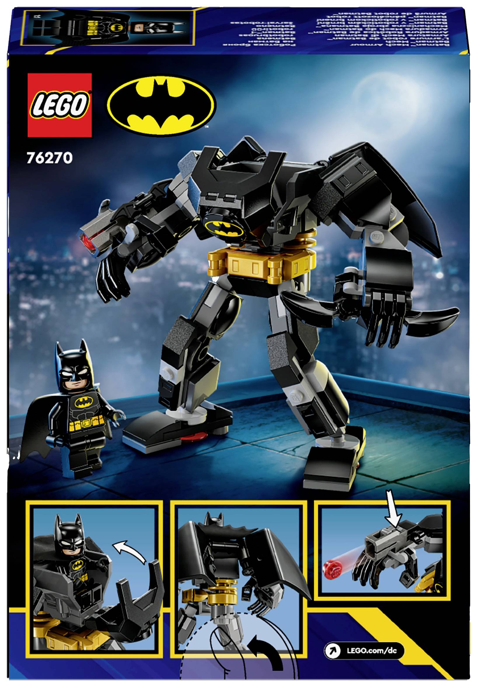 Eine LEGO Batman-Spielzeugfigur mit einem großen, schwarzen Roboterspielzeug. Unten drei Detailbilder der Figur und Funktionen.