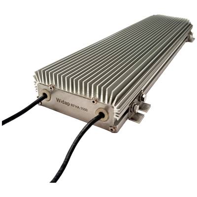 Ein rechteckiger Aluminium-Kühlkörper mit Kabelverbindungen, beschriftet mit 'Widap RFHA 1500', wahrscheinlich ein elektronisches Bauteil.