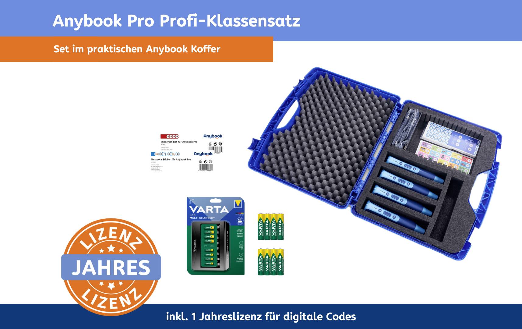 'Anybook Pro Profi-Klassensatz' in einem blauen, offenen Koffer mit Stiften, Ladegerät und Batterien. Text: '1 Jahreslizenz für digitale Codes'.