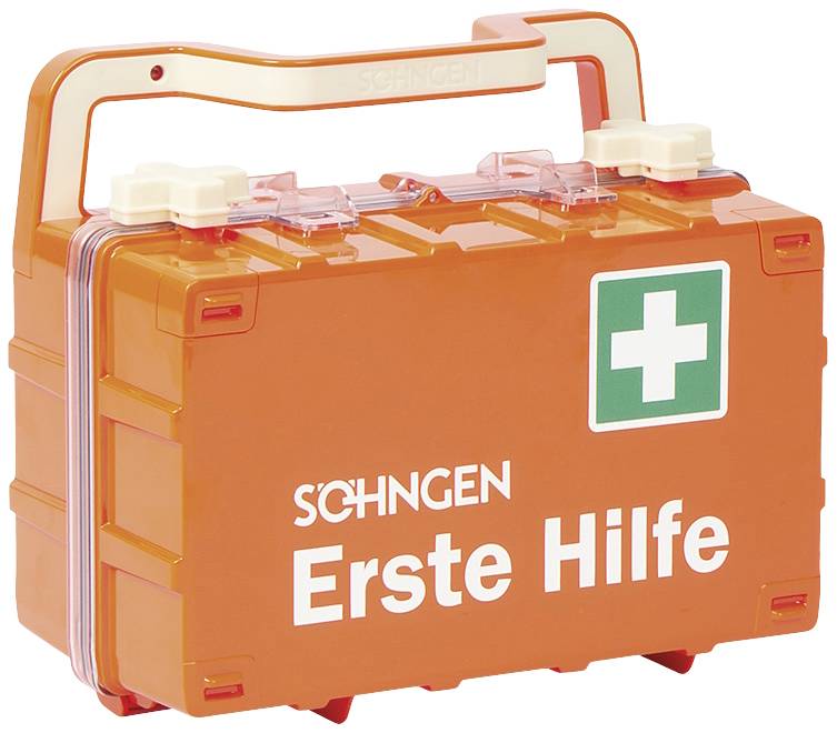 Oranger Erste-Hilfe-Koffer mit weißem Kreuz auf grünem Hintergrund, der den Text 'SÖHNGEN Erste Hilfe' trägt.